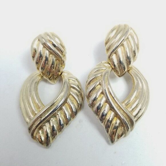 Vintage Gold Tone Door Knocker Dangle Stud Earrings Retro 80s 90s Style, Estate - Picture 6 of 6